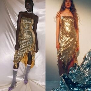Urban Outfitters Stella Sequin Strapless Midi Dress in Gold Size Large NWT